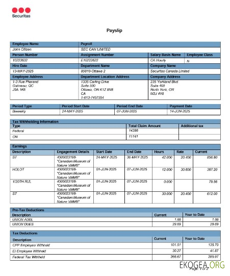 Modèle Word et PDF de fiche de paie en ligne pour le Canada